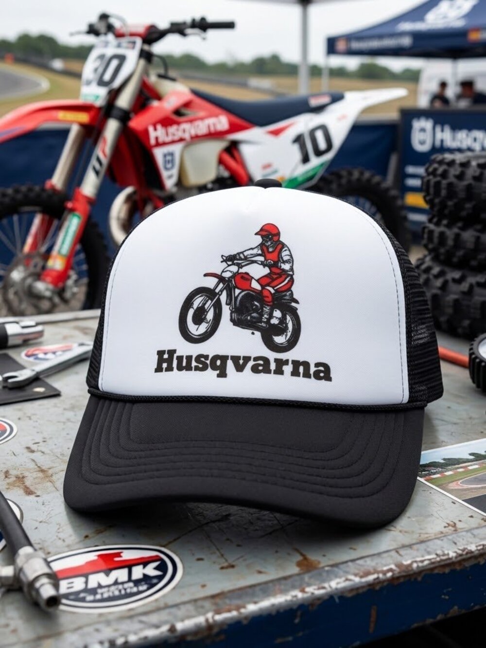 Retro Husqvarna Hat Vintage Motocross Dirt Bike Black White Foam Snapback Cap US